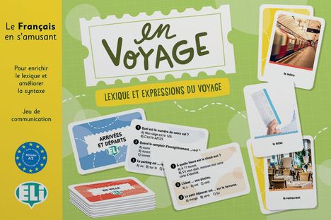 "Le Français en s’amusant", "en VOYAGE", "LEXIQUE ET EXPRESSIONS DU VOYAGE". Spielkarten mit Reisemotiven.