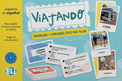 „Viajando“ in türkis. Darunter: Vokabular und nützliche Ausdrücke für Reisen. Spielkarten, Fotos von Busstation, Schalter und Frühstück.
