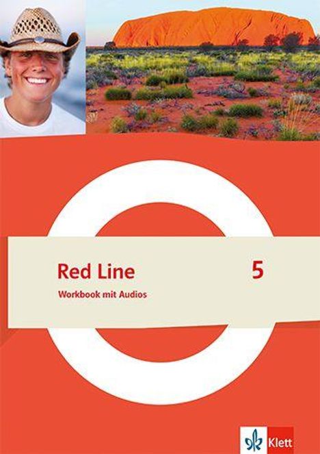 "Red Line 5, Workbook mit Audios" mit einem großen roten Kreis auf orangefarbenem Hintergrund. Oben ein Landschaftsbild.