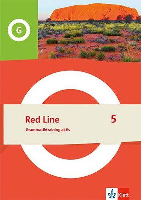 "Red Line 5 Grammatiktraining aktiv" steht auf einem Buchcover mit rotem Hintergrund und einem Landschaftsbild des Uluru.