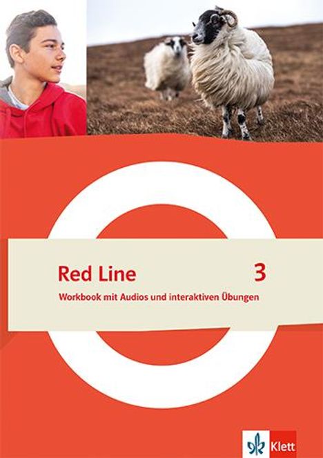 "Red Line 3, Workbook mit Audios und interaktiven Übungen." Junge, zwei Schafe auf Wiese, roter Hintergrund, Klett-Logo.