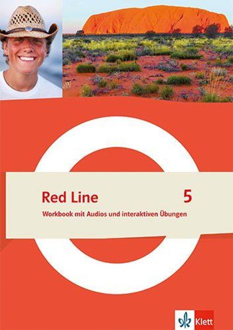 Text: "Red Line 5. Workbook mit Audios und interaktiven Übungen." Logo unten rechts. Foto: Person mit Hut, Naturkulisse.