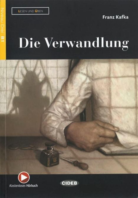 "Die Verwandlung", Franz Kafka, Niveau Drei B1. Illustration: ein Mann in Weiß, Käfer-Schattensilhouette an der Wand.