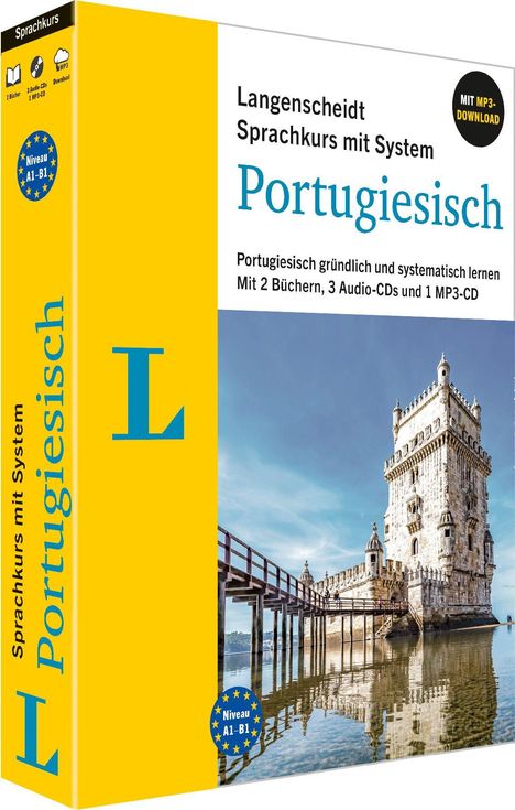 "Langenscheidt Sprachkurs mit System: Portugiesisch" mit Belem-Turm und blauem Himmel. Gelbe Buchrückseite.