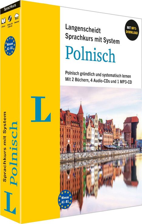 Langenscheidt Sprachkurs Polnisch, Niveau A1-B1. Gelbes Cover, Foto von bunten Häusern am Wasser.