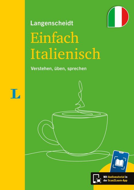 „Langenscheidt Einfach Italienisch: Verstehen, üben, sprechen.“ Grüne Tasse auf gelb-grünem Hintergrund mit Italien-Flagge.
