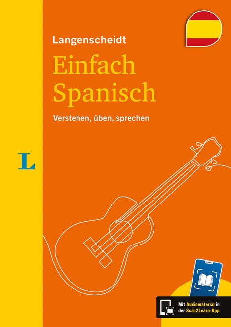 Links „Langenscheidt L“, in der Mitte „Einfach Spanisch: Verstehen, üben, sprechen“. Rechteckiges Cover mit spanischem Logo und Gitarrensilhouette.
