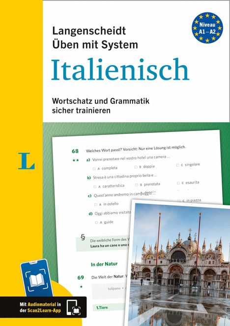 Langenscheidt Üben mit System Italienisch. Niveau A1–A2. Gelbes Design mit italienischem Bauwerk als Foto.