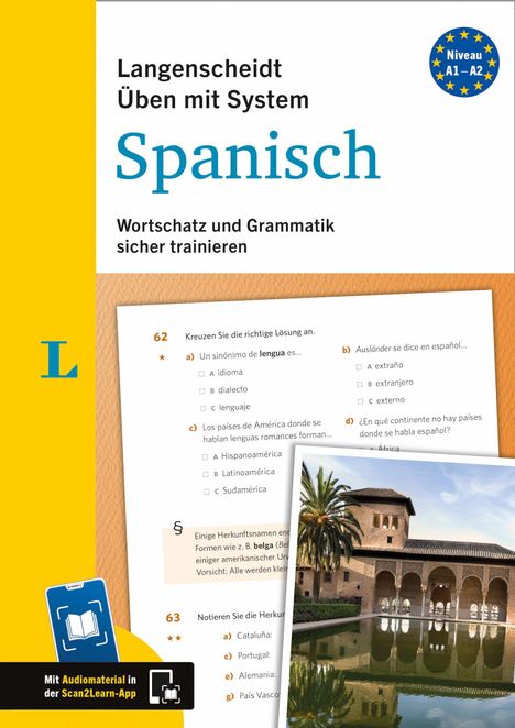 "Langenscheidt Üben mit System Spanisch" steht groß. Darunter: "Wortschatz und Grammatik sicher trainieren". Ein blaues "L" Logo.
