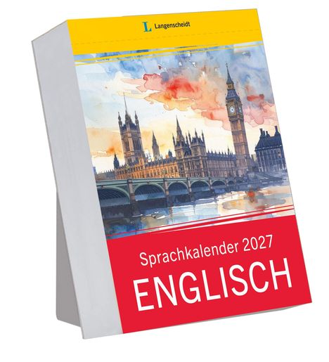 Text: "Sprachkalender 2027 ENGLISCH". Illustration: Malerische Darstellung von Big Ben und dem Parlament in London. Logo: Langenscheidt.