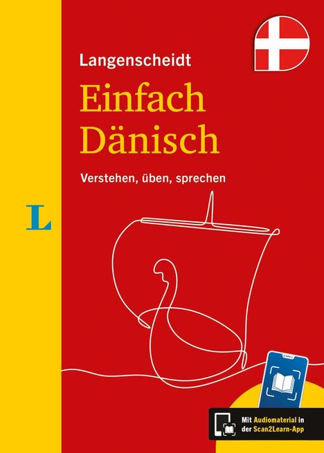 Text: Langenscheidt Einfach Dänisch, Verstehen, üben, sprechen. Gelber Hintergrund, Illustration eines Drachenbootes.