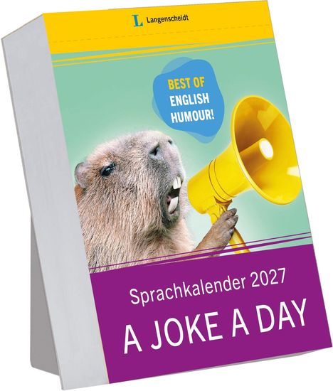 "BEST OF ENGLISH HUMOUR!" Ein Biber mit Megafon auf einem Sprachkalender von Langenscheidt für 2027.