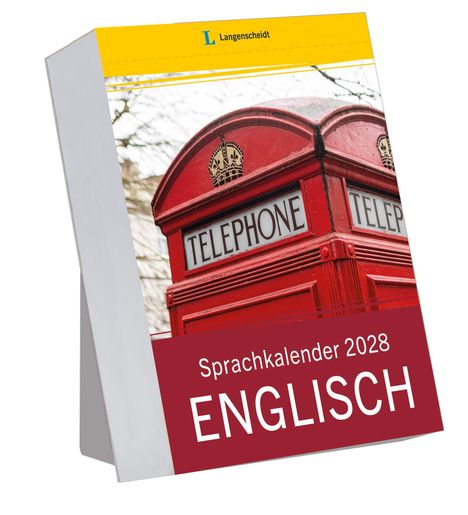 "Sprachkalender 2028 Englisch". Rote Telefonzelle, oben "TELEPHONE", gelbes Langenscheidt-Logo.