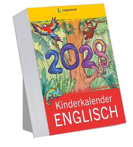 "2028 Kinderkalender ENGLISCH" in bunten Lettern. Illustration mit Dschungelszenen, Papagei, Affe, Chamäleon.