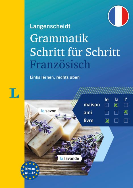 „Langenscheidt Grammatik Schritt für Schritt Französisch. Links lernen, rechts üben.“ Französische Flagge, Seife mit Lavendel.
