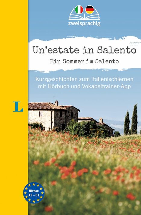 "Un’estate in Salento" - Ein Sommer im Salento. Gelbe Leiste links, italienische Landschaft mit Haus und Blumenfeld.