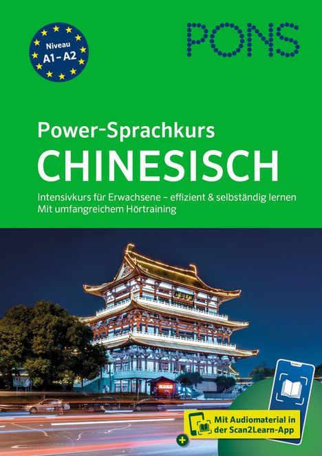 Oben: "Niveau A1-A2", "PONS", "Power-Sprachkurs CHINESISCH". Unten ein beleuchtetes traditionelles chinesisches Gebäude.