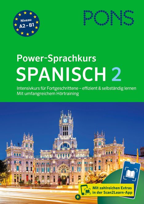 Text: "Niveau A2-B1", "Power-Sprachkurs Spanisch 2". Illustration: Prunkvolles Gebäude bei Nacht.