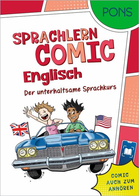 "SPRACHLERN COMIC Englisch. Der unterhaltsame Sprachkurs. Illustration: Zwei Menschen in einem fliegenden Auto, britische und US-Flagge."