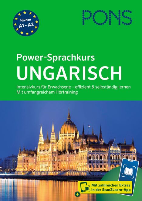 "Power-Sprachkurs UNGARISCH. Intensivkurs, Niveau A1–A2. Leuchtendes Parlamentsgebäude bei Nacht am Wasser."