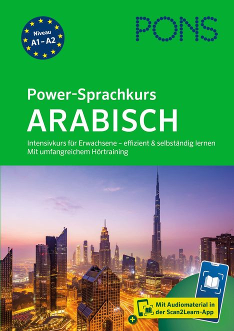"Power-Sprachkurs Arabisch, Intensivkurs für Erwachsene, Niveau A1-A2. Skyline einer modernen Stadt bei Sonnenuntergang."