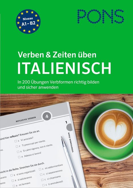„Verben & Zeiten üben ITALIENISCH“ steht groß auf Grün. Darunter ein Buch und eine Cappuccino-Tasse mit Herzmuster.