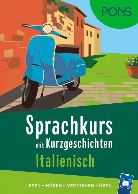 Text: "Sprachkurs mit Kurzgeschichten Italienisch." Illustration einer blauen Vespa an einer farbenfrohen Häuserzeile.
