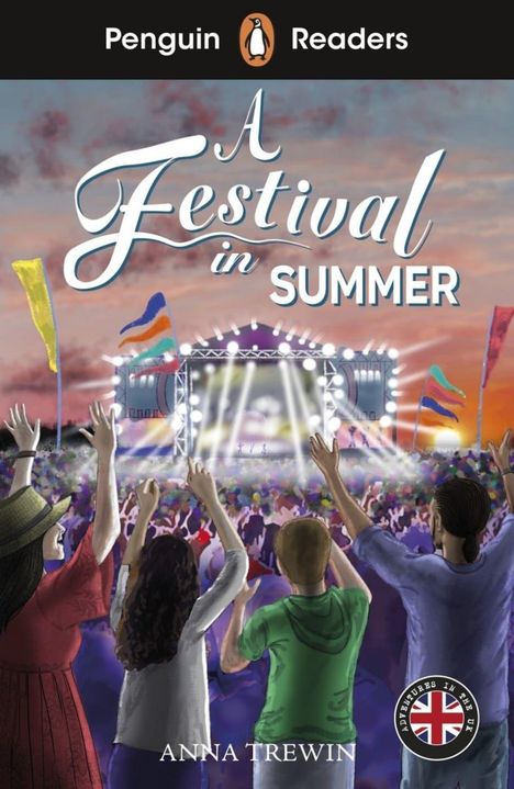 "A Festival in Summer" oben, "Anna Trewin" unten. Menschen jubeln vor einer hell erleuchteten Bühne bei Sonnenuntergang.