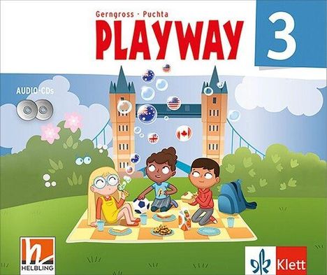Titel "Playway 3". Drei Kinder picknicken auf einer Decke vor einer Brücke.
