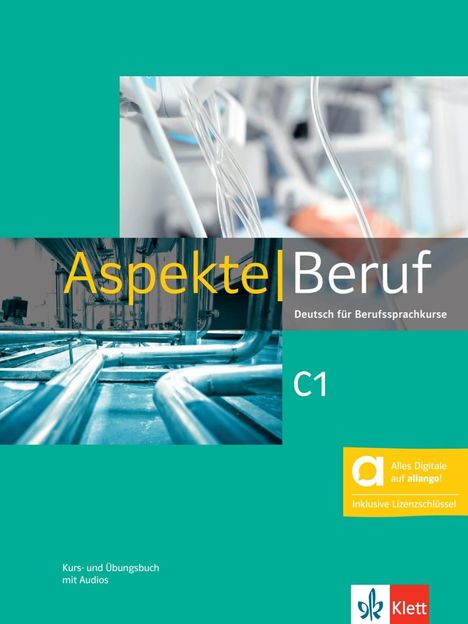 "Aspekte Beruf C1" in großen Buchstaben, darunter ein Bild mit Rohren, Logo unten rechts. Hellgrüner Hintergrund.