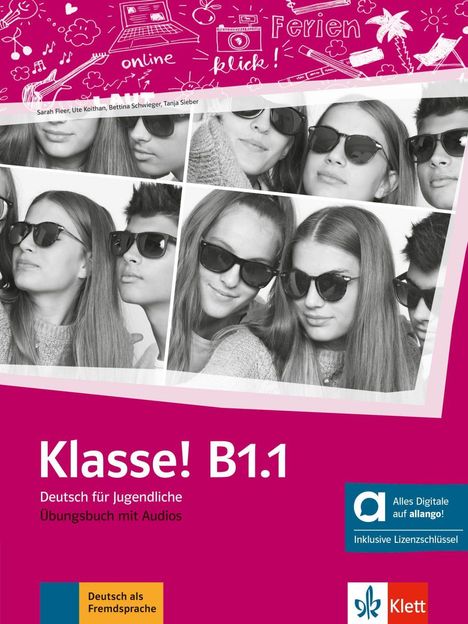 Oben: "online klick! Ferien". Unten: "Klasse! B1.1 Deutsch für Jugendliche Übungsbuch mit Audios". Vier Jugendliche mit Sonnenbrillen.
