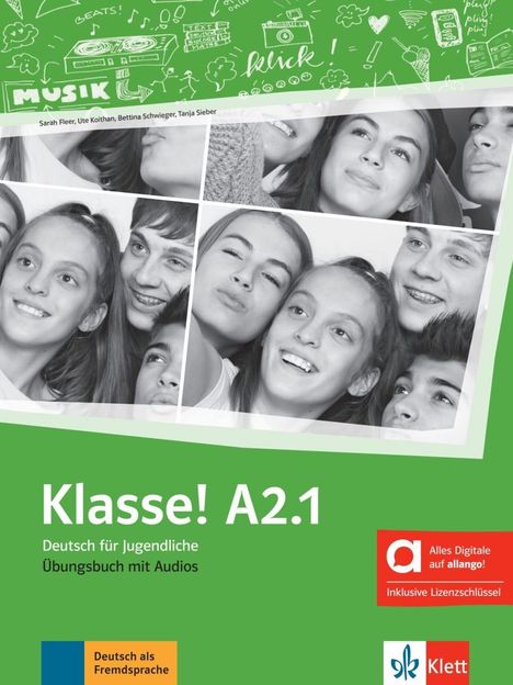 "Klasse! A2.1", Deutsch für Jugendliche. Übungsbuch mit Audios. Junge Menschen lachen, daneben grünes Illustrationsdesign.
