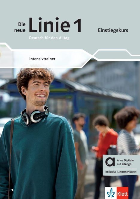 Text: "Die neue Linie 1, Deutsch für den Alltag, Einstiegskurs, Intensivtrainer, Alles Digitale auf allango!, Inklusive Lizenzschlüssel." Ein junger Mann im Freien, mit Kopfhörern.