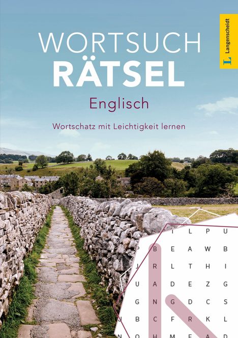 WORTSUCHRÄTSEL Englisch. Wortschatz mit Leichtigkeit lernen. Ein Pfad zwischen Steinmauern, ländliche Szene.