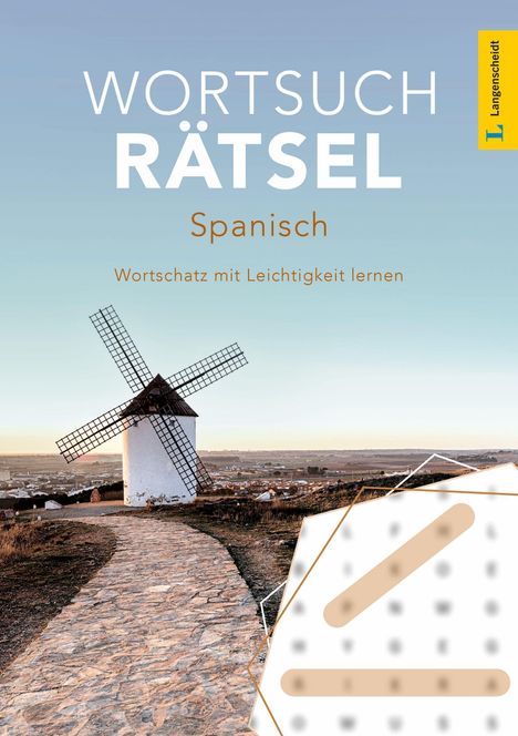 "WORTSUCHRÄTSEL Spanisch Wortschatz mit Leichtigkeit lernen" steht oben. Zu sehen ist eine Windmühle in einer Landschaft.