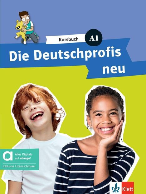 „Kursbuch A1“, „Die Deutschprofis neu“. Lachende Kinder, Illustration mit Hund, Klett-Logo.