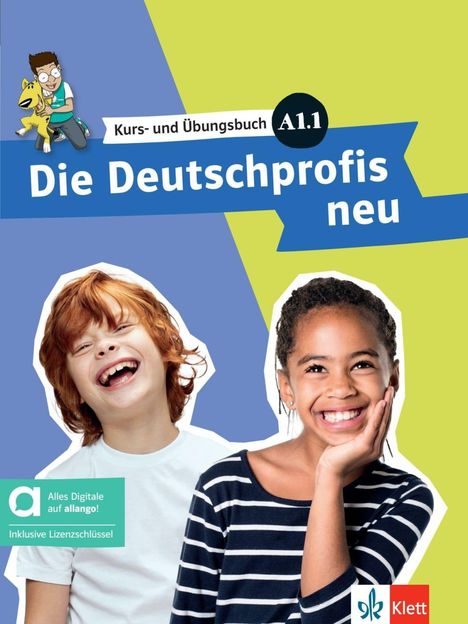 "Kurs- und Übungsbuch A1.1 Die Deutschprofis neu" steht auf einem Banner. Zwei lachende Kinder darunter.