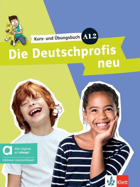 „Kurs- und Übungsbuch A1.2 Die Deutschprofis neu“. Zwei lachende Kinder vor einem farbigen Hintergrund. Klett-Logo unten rechts.