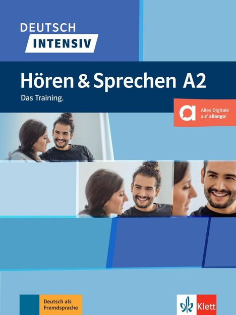 „Hören & Sprechen A2. Das Training.“ Zwei Menschen führen ein freundliches Gespräch. Logo unten rechts.