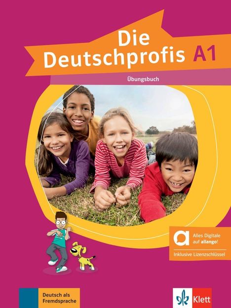 "Die Deutschprofis A1", "Übungsbuch", "Alles Digitale auf allango!", Kinder auf einer Wiese liegend, freundliche Illustration.
