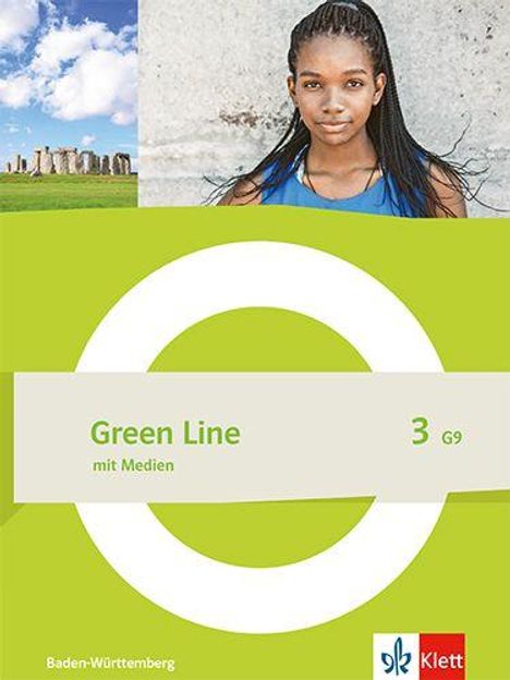 "Green Line 3 G9 mit Medien, Baden-Württemberg, Klett." Eine junge Frau vor grauem Hintergrund, Stonehenge im Himmel.