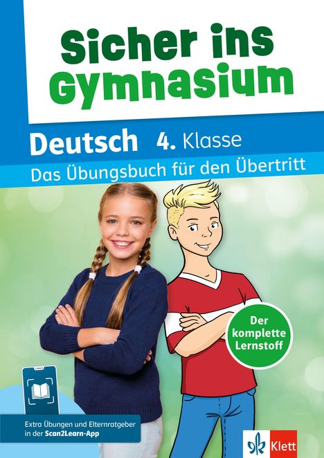 „Sicher ins Gymnasium“, „Deutsch 4. Klasse“, „Der komplette Lernstoff“. Mädchen lächelnd, Illustration eines Jungen.