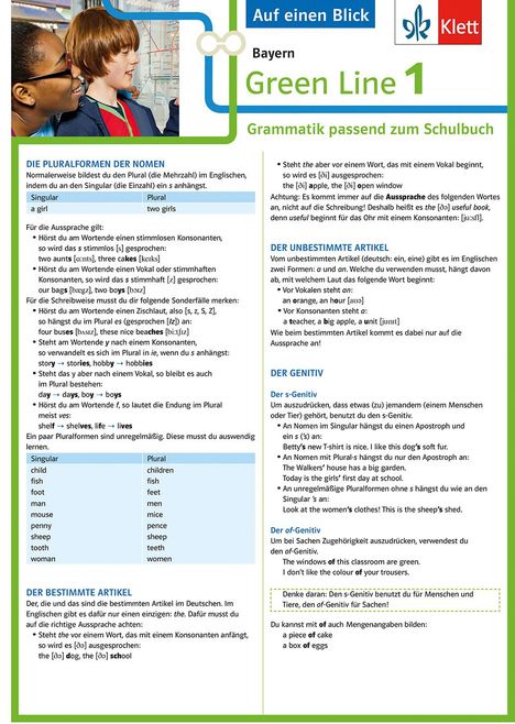Green Line 1 Bayern Klasse 5 - Auf einen Blick. Grammatik passend zum Schulbuch - Klappkarte (6 Seiten), Buch
