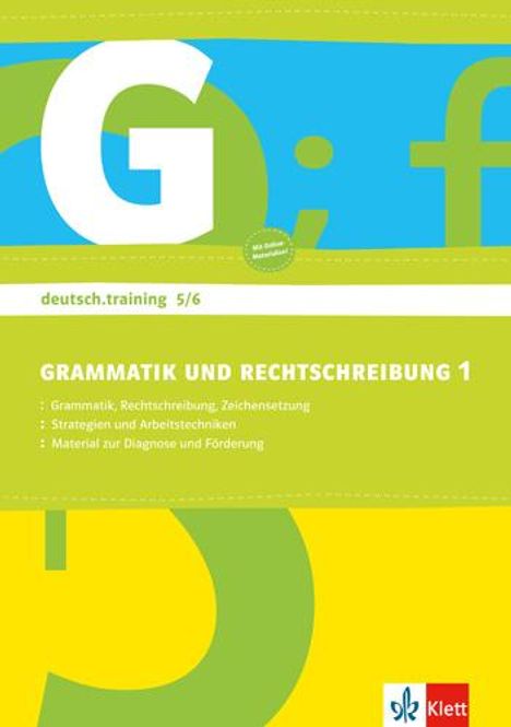 "GRAMMATIK UND RECHTSCHREIBUNG 1". Grünes und blaues Design mit Buchstaben, Klett-Logo unten rechts.