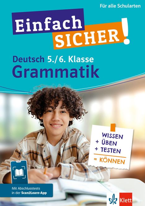 „Einfach SICHER! Deutsch 5./6. Klasse Grammatik“. Ein Junge schreibt lächelnd in ein Heft.