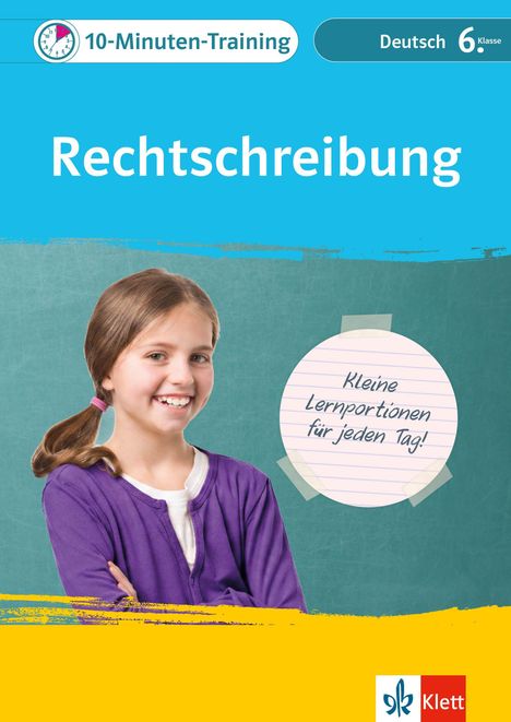 "Rechtschreibung", "Kleine Lernportionen für jeden Tag!", Mädchen mit lila Pullover, Zahnspange, lächelnd, blauer Hintergrund.