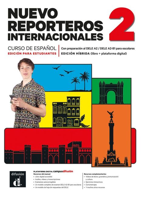 "Nuevo Reporteros Internacionales 2" steht fett oben. Darunter: "Curso de Español". Bunte Illustrationen mit Gebäuden.