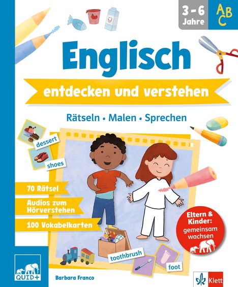 "Englisch entdecken und verstehen", für 3-6 Jahre. Texte: Rätseln, Malen, Sprechen. Zwei lachende Kinderillustrationen.