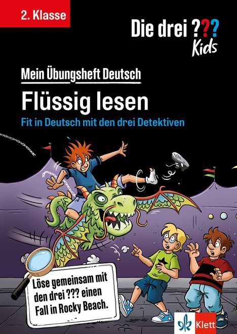 "2. Klasse, Die drei ??? Kids, Mein Übungsheft Deutsch, Flüssig lesen." Ein Drache, ein Junge reitet, zwei ängstlich.