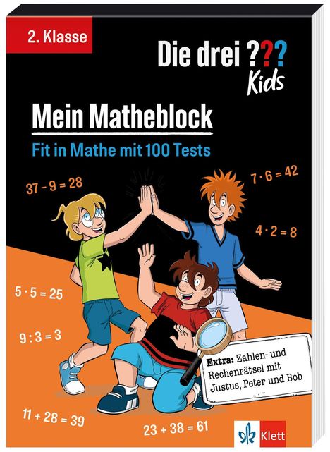 Text: "2. Klasse, Die drei ??? Kids, Mein Matheblock, Fit in Mathe mit 100 Tests". Drei fröhliche Kinder geben sich High-Fives.